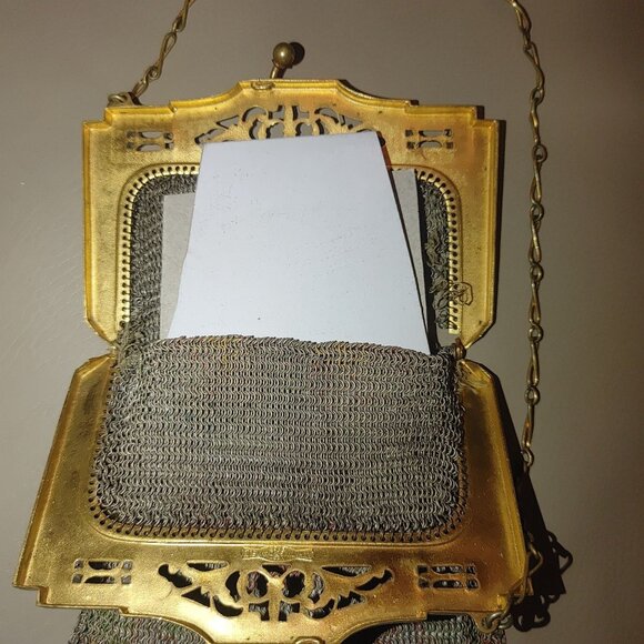 Vintage Whiting Davis Mesh Purse Chain Strap Gold Floral Frame Art Deco Bag - Picture 5 of 8